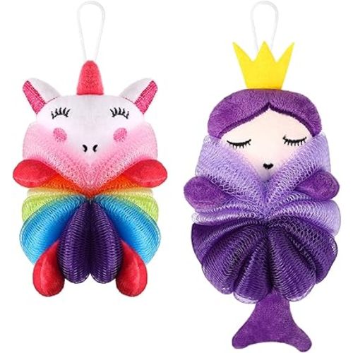 Nuenen 2 Pcs Bath Loofahs Kids Toddler Cute Cartoon Bath Sponges Loofah Pouf Body Scrubber Mesh Sponges for Children Shower Washing Exfoliating(Unicorn, Princess)