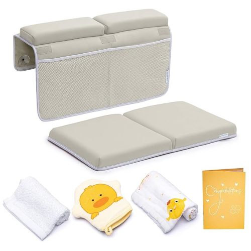 Bath Kneeler with Elbow Rest Pad Set, 1.75 inch Thick Kneeling Pad and Elbow Support for Knee Arm Support, Large Bathtub Kneeling Mat with Toy Organizer for Happy Baby Bathing Time, Beige - Large (Pack of 1)