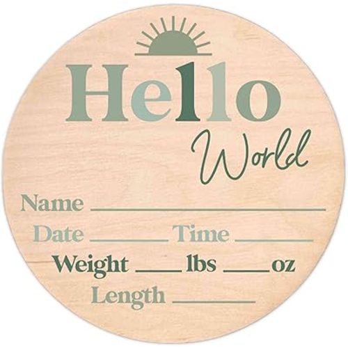 Hello World Newborn Sign - Baby Name Birth Announcement Plaque for Hospital - Photo Prop - Green Nursery Decor - Shower Gift
