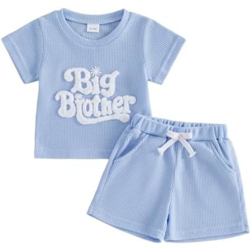 Toddler Baby Sister Brother Matching Outfit Big Sister&Lil Brother Embroidery Waffle Knit Top+Short 2pcs Summer Set