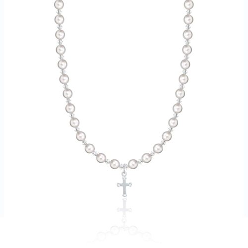 Christening Sterling Silver Child Necklace with Cross Charm and White European Simulated Pearls and Crystals (NCRSE)