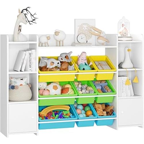 FOTOSOK 55'' Large Toy Storage Organizer with 9 Toy Bins, Toy Organizers and Storage with Shelf and 6 Storage Cubbies, Bookshelf for Kids, Playroom Organization and Storage Bins, Yellow/Green/Blue