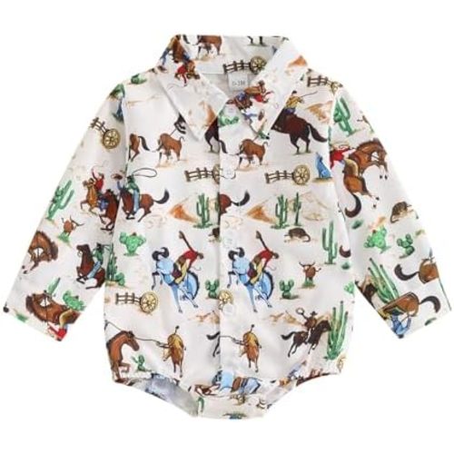 Western Baby Boy Outfit Horse Print Shirt Romper Lapel Long Sleeve Button Down Bodysuit Country Cowboy Clothes