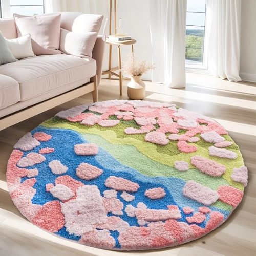 YIHOUSE Modern Round Area Rug, Grass Green Moss Aesthetic Rug for Bedroom Non-Slip Throw Shag Fluffy Carpet Washable Circle Rug for Kids Room Girls Baby Living Room Home Dorm Decor(Spring, 3x3Ft)