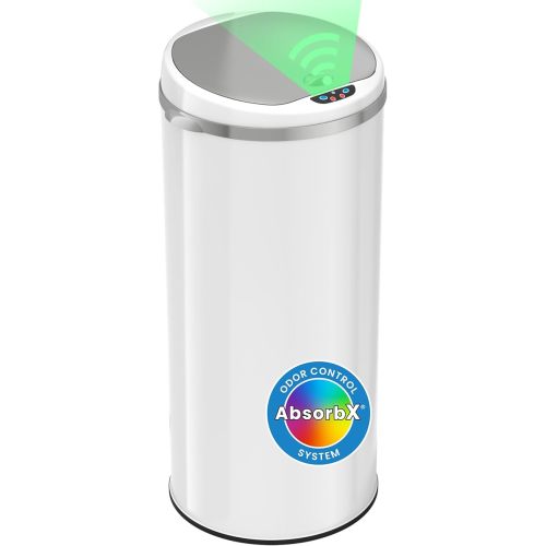 iTouchless 50 Liter / 13 Gallon Sensor Kitchen Trash Can with Odor Filter – Slim Round White Stainless Steel Automatic Garbage Recycling Bin for Home, Office, Business, Garage