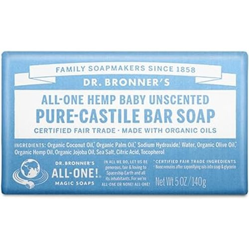 Dr. Bronner's - Pure-Castile Bar Soap (Baby Unscented, 5 ounce) - Made with Organic Oils, For Face, Body and Hair, Gentle for Sensitive Skin and Babies, No Added Fragrance, Biodegradable, Vegan