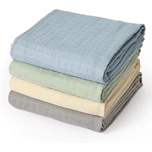 david's kids 4 Pack Baby Muslin Swaddle Blankets 47" x 47", 100% Cotton Swaddle Wrap for Boys Girls, Ultra Soft Breathable Receiving Blanket for Newborns, Dusty Blue & Sage Green & White Cap & Grey