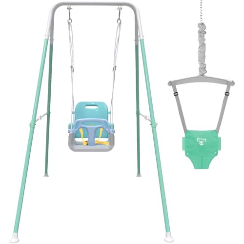 2 in 1 Toddler Swing & Baby Jumper, Baby Bouncer Jumper with 4 Sandbags for Stability, Foldable Baby Swing Outdoor & Indoor Use, Easily Installable and Storable Swing Sets for Backyard (Blue)
