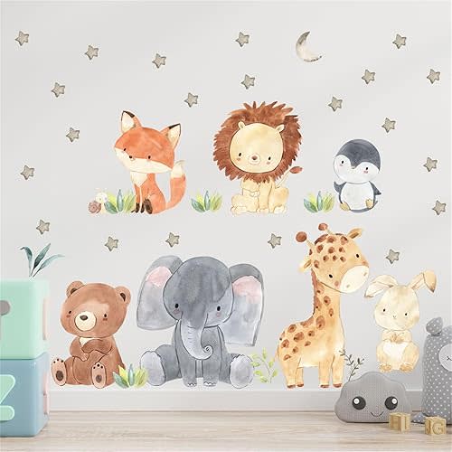 Forest Baby Animals Wall Decals Stars Elephant Lion Giraffe Fox Bear Safari Wall Stickers Baby Nursery Kids Room Living Room Daycare Wall Decor Art 51.2in*19.7in
