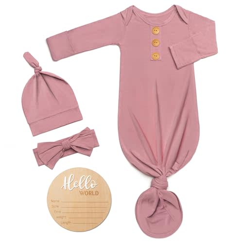 Soft Baby Knot Gown 0-3 Months, Newborn Announcement Sleepers With Mitten Cuffs and Personalized Wooden Name Tag