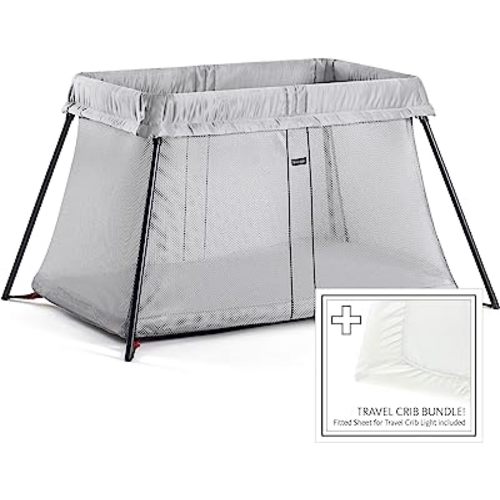 BABYBJORN Travel Crib Light - Silver + Fitted Sheet Bundle Pack
