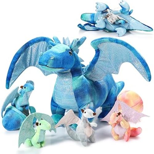 Deekin 7 Pcs Dragon Toy Set 16 Inch Large Dragon Stuffed Animal with 4 Baby Plush and 2 Eggs in Mommy's Belly Dinosaur Plushies Gifts for Boys Girls Birthday Christmas(Bright Style)