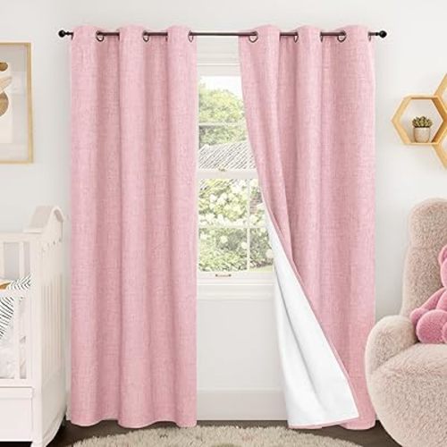 Baby Pink Linen Blackout Curtains for Nursery 80 Inch Length 2 Panels Set, Thermal Insulated Boho Total Black Out Noise Reducing Bonzer Grommets Window Curtains for Girls Bedroom, Each 38 Inch Wide