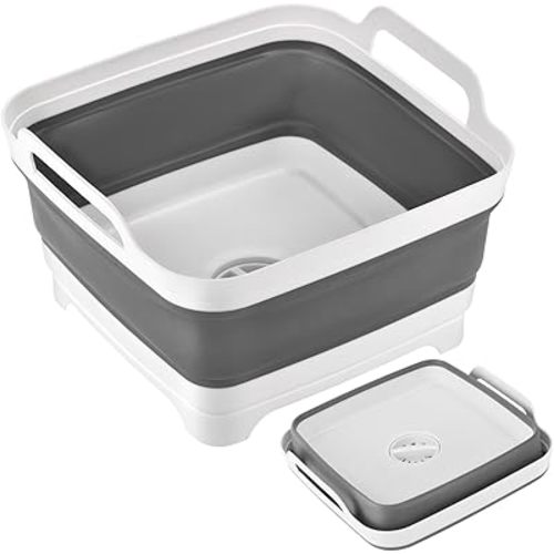 Collapsible Dish Basin with Drain Plug 2.4 Gal(9L),Portable Outdoor Multiuse Foldable Sink Tub Dishpan Kitchen Storage Tray for Camping,Vegetable,RV (Gray)