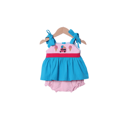 French Knot Ice Cream Truck Aqua/Pink Knit Bloomer Set