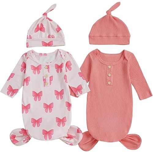 Merqwadd Baby Sleeper Gown Boy Girl 2-Pack Knotted Gown Newborn Nightgown with Hat Set Infant Sleepwear Pajamas