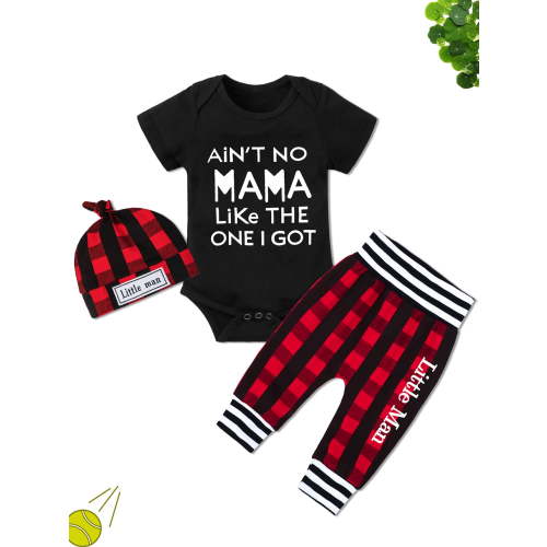 Newborn Baby Boy Clothes Plaid Winter Mama Letter Print Romper Pants 3PCS Baby Boy Outfits Set 3-6 Months