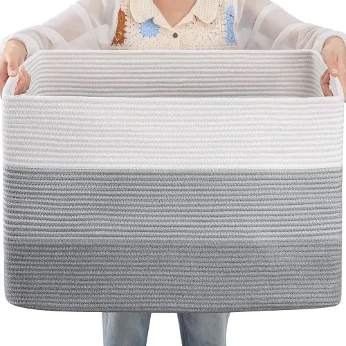 OIAHOMY Large Cotton Rope Basket, Rectangle Woven Baskets for Storage, Nursery Blanket Basket Living Room, Toy Basket With Handle, Baskets for Organizing-24.8”x15.7”x15.7”-Gradient Grey