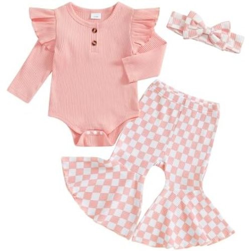 MERSARIPHY Newborn Baby Girl Clothes Ribbed Knit Ruffle Romper Bodysuit Bell-Bottom Pant Set 3Pcs Infant Fall Winter Outfits
