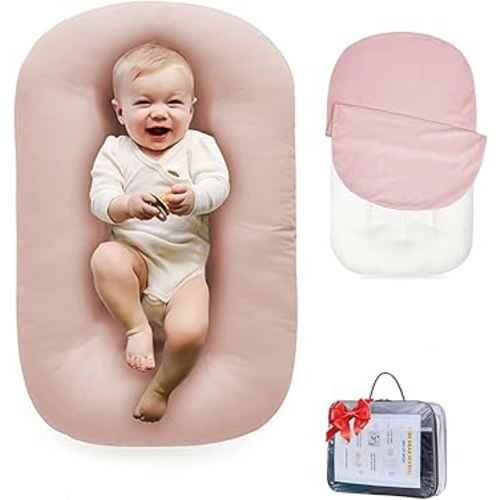 Baby Lounger 0-24 Months 100% Cotton-Snuggle Cozy Me Lounger,Soft & Breathable Tummy Time Mat for Newborn Infant Play Mat,Babies Essentials Gifts,Pink(Lounger Cover Included)