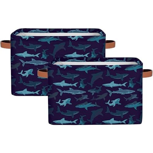 Large Storage Baskets for Organizing Shelves Navy Ocean Shark Print Foldable Cube Storage Bins with Handles Rectangle Fabric Closet Organizers for Home Toys Clothes, 2 Pack
