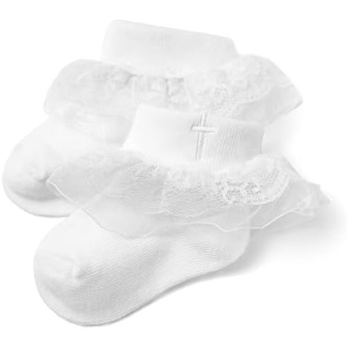 Baptism Socks for Baby Girls - White Newborn Christening Socks With Cross & Eyelet Frilly Lace