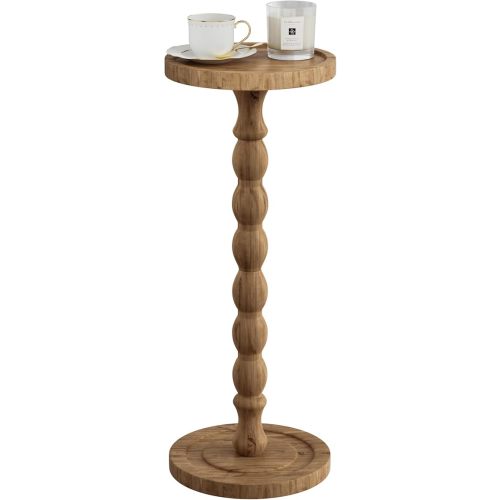 Solid Wood Drink Table, Rubber Wood‌ Small Round Side Table for Small Spaces, Martini Tables, Pedestal End Tables for Living Room, Bedroom, Corners, and Office (Brown, 9.4 inch)