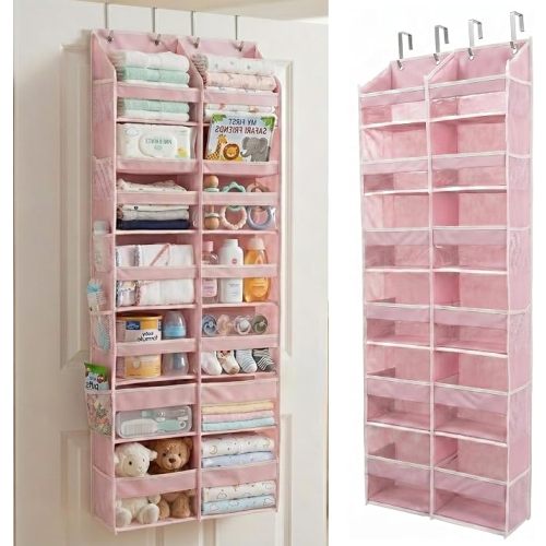 HOMELUX THEORY UPGRADED 6 Tiers Over The Door Organizer Hanging - 100D EXTRA THICK & 50lbs HUGE CAPACITY, 12 Side Mesh Pockets Over The Door Shoe Organizer, Hanging Closet Organizer (Baby Pink, 1pc)
