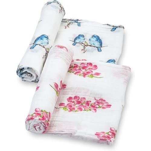 LollyBanks Baby Swaddle Blanket, 100% Muslin Cotton Muslin Blankets for Girls, Large 47 x 47 Inches Soft and Breathable Swaddles for Newborns, Baby Receiving Blanket, Registry (Flower and Bird 2 Pack)