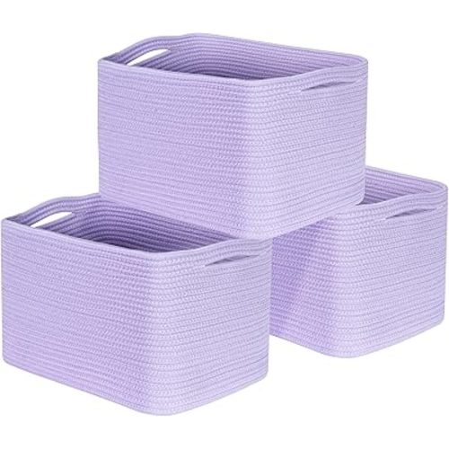 MINTWOOD Design 3-Pack Storage Baskets for Shelves, Decorative Baskets for Organizing, Woven Baskets for Storage, Book Basket Cube Bin Box, Pantry Closet, Shoe Organizers, Lavender Purple