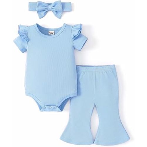 PATPAT Baby Girl's Clothes Outfit Infant Rib Short Sleeve Romper Flared Bell Pants with Headband 3pcs Set 0-18M