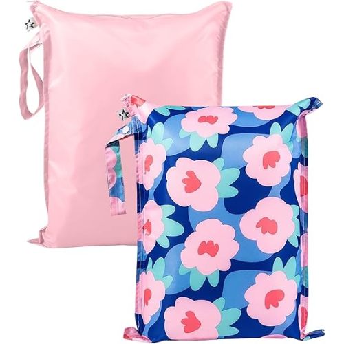 Tiny Twinkle Mess-Proof Waterproof Wet Dry Bag | 2-Pack Reusable Wet Bags for Swimsuits & Baby Clothes | Leakproof Wet Bag for Travel & Diaper Changes for Baby (Blue Floral)