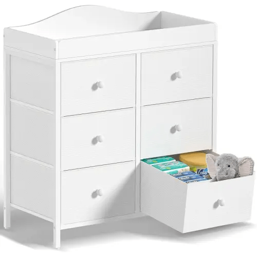 BOLUO Changing Table Dresser with 6 Fabric Drawers, Baby Dresser with Changing Table Top Diaper Changing Station with Storage for Nursery Modern