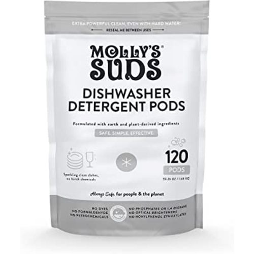 Molly's Suds Dishwasher Pods | Natural Dishwasher Detergent, Cuts Grease & Rinses Clean (Residue-Free) for Sparkling Dishes | 120 Auto-Release Tabs (Unscented)