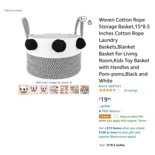 HIGOGOGO Woven Basket with Pompom, Cotton Rope Belly Storage Basket with Handles for Laundry, Baby Nursery Bin for Toys, Blanket, Clothes and Towels, White and Black, 15.7"x11.8"x13.8"… - Black and white