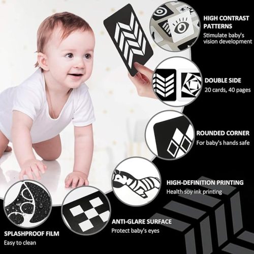 beiens High Contrast Baby Flashcards, Newborn Brain Development Toys, Visual Stimulation Learning Activity Cards, Black and White Baby Toy, 20 PCs 40 Pages 5.5'' x 5.5'' Educational Easter Infant Gift