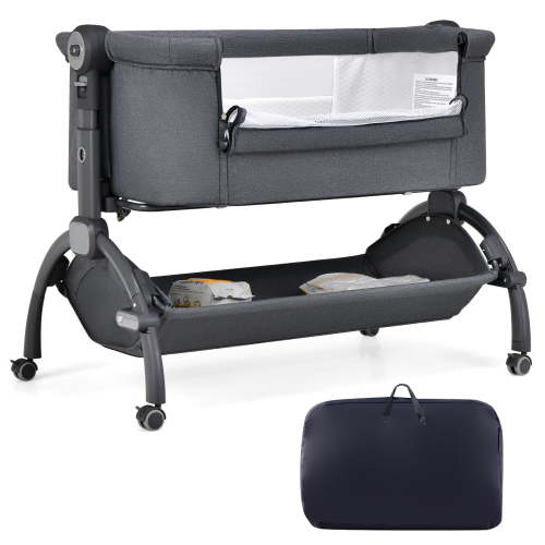 Costway 3-in-1 Baby Bassinet Bedside Sleeper Cradle with Mattress and Storage Basket, Gray