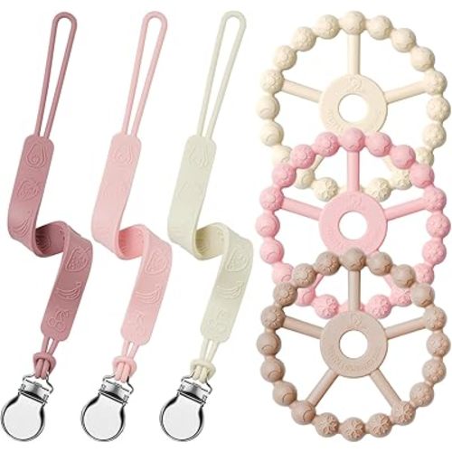 Silicone Ring Teether and Pacifier Clip, Seposeve Pack of 3 Baby Pacifier Teether Clip for Babies 0-6 Months, Teething Ring Toys, Keeps Teethers Clean, 6-12 12-24 Months