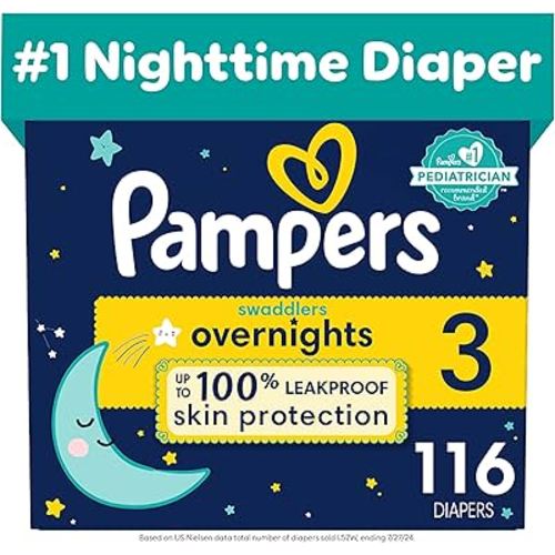 Pampers Swaddlers Overnights Diapers - Size 3, 116 Count, Disposable Baby Diapers, Night Time Skin Protection