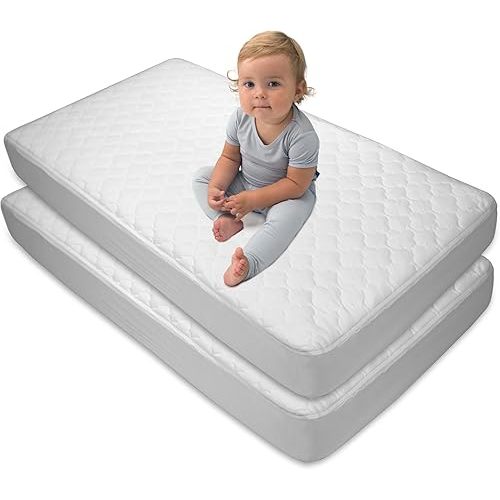 Sealy Baby 2-PACK Fitted Waterproof Infant Crib Mattress Protector Pad and Toddler Bed Cover, Durable and Comfortable Topper, Machine Washable and Dryer Friendly, 52” x 28”- White