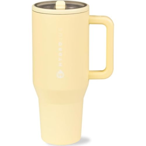 HydroJug Traveler - 40 oz Water Bottle with Handle & Flip Straw - Fits in Cup Holder, Leak Resistant Tumbler-Reusable Insulated Stainless Steel & Rubber Base - Gifts for Women & Men, Butter