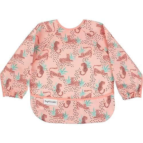 Tiny Twinkle Mess Proof Baby Bib|Waterproof Smock Bib for Eating,Machine Washable Full Sleeve with Pocket(Leopard, Small 6-24 Months)