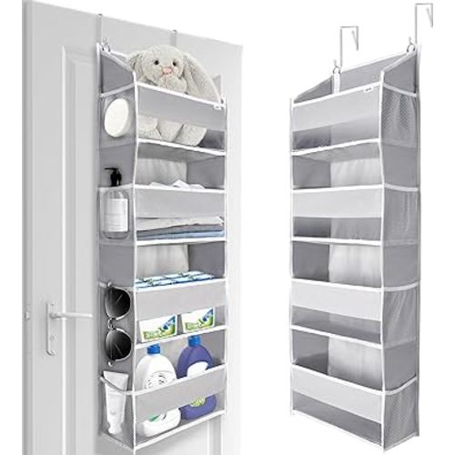ULG Over Door Organizer with 4 Large Pockets 6 Mesh Side Pockets, 33 lbs Weight Capacity Hanging Storage Organizer with Clear Window for Baby Kids Toys, Diapers, Grey?1 Pack, 4 Layers