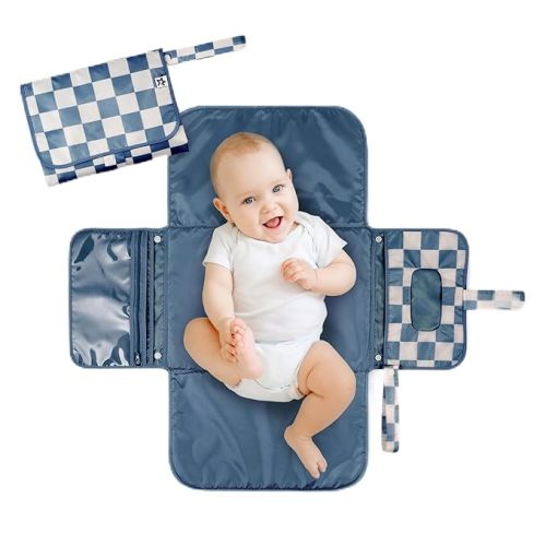 Tiny Twinkle Portable Diaper Changing Pad – Foldable, Waterproof & Compact Travel Changing Mat with Storage | Smart Wipes Pocket for On-The-Go Parents(Blue Checkers)