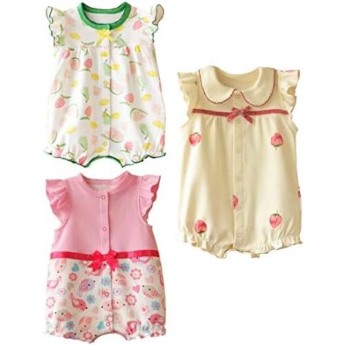 Baby Girls' Cotton Rompers, Infant Summer Clothes 0-12 Months, Pack of 3