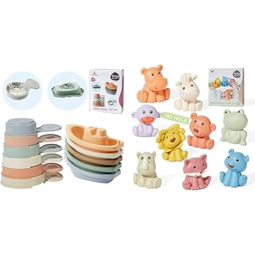20 PSC Bath Toys Set - 11 PSC Floating Boats with Bathing Spoon and 9 PCS No Hole Wild Animals Toys