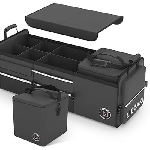 LIBZAKI Oversize 4 in 1 Car Trunk Storage Organizer, Multi Compartment Collapsible Trunk Storage Box with Cooler Bag for Car Truck SUV-Black