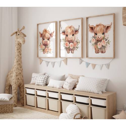 Highland Cow Nursery Wall Art, Farm Animal Nursery Decor, Framed Baby Highland Cow Art Print, Farm Baby Calf Cow Canvas Pictures Sets of 3