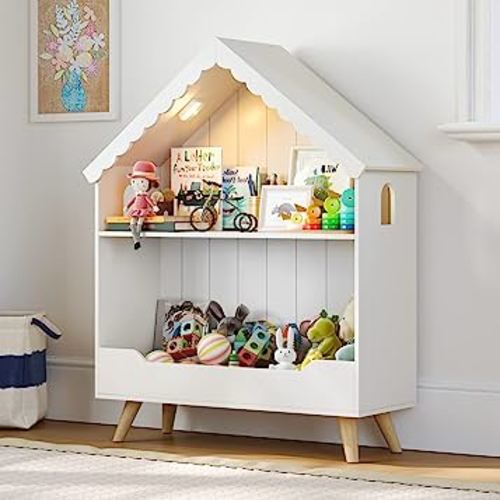 Kids Dollhouse Bookshelf, Wooden Bookcase Storage with Motion-Activated Light, 2-Tier Open Display Organizer for Toys and Books, Baby Bookshelf for Birthday, Christmas, White