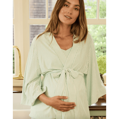 DreamModal Pajamas | Parisian Green Pencil Stripe Maternity Kimono Bundle